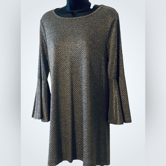 Textured Silver Grey Metallic Mini Dress / Tunic Top Bell Sleeves NWT S - Picture 6 of 9